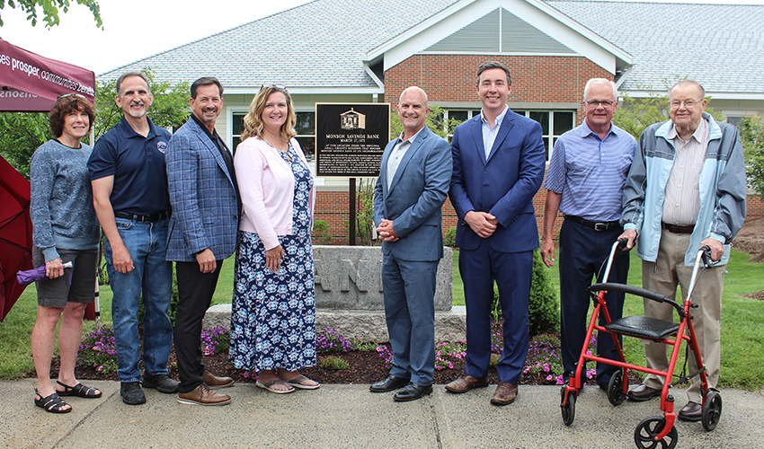 L to R: Patricia A. Oney, Town of Monson Select Board; Dr. Richard M. Smith, Town of Monson Select Board; Monson Savings Bank EVP & COO Michael Rouette; Monson Town Administrator Jennifer Wolowicz; Monson Savings Bank President & CEO Dan Moriarty; Senator Ryan Fattman, Steve Lowell, previous Monson Savings Bank President (2011-2020) and Current Chairman of the Board; and Neil W. Marshall, Previous Monson Savings Bank President (1992-1999).