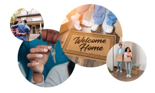Homeownership Image Montage - Welcome Home Mat, Happy Couple in Front of Home, Couple moving in, House Key