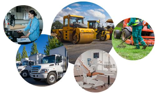 Equipment Image Montage - Construction vehicles, box trucks, dentist office, manufacturing machinery, landscaping equipment